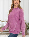 Cozy Time Acid Washed Fleece Sweatshirt with Side Ribbing in Vibrant Plum