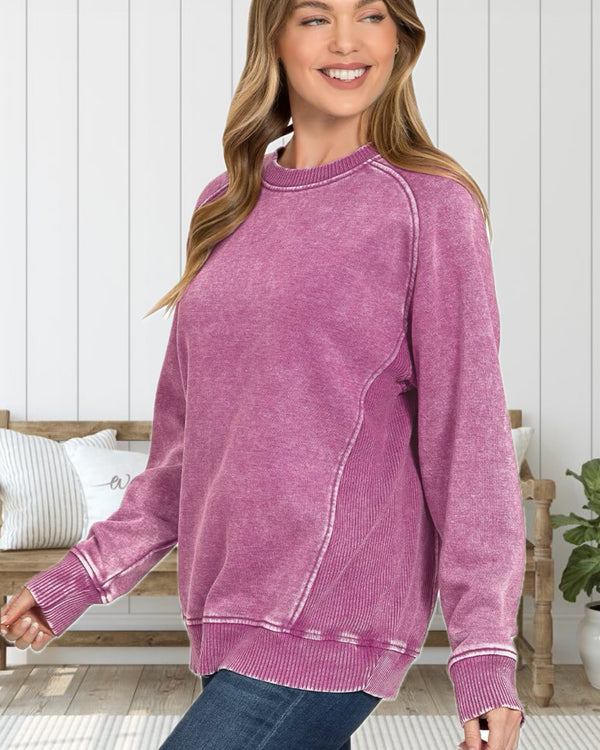 Cozy Time Acid Washed Fleece Sweatshirt with Side Ribbing in Vibrant Plum