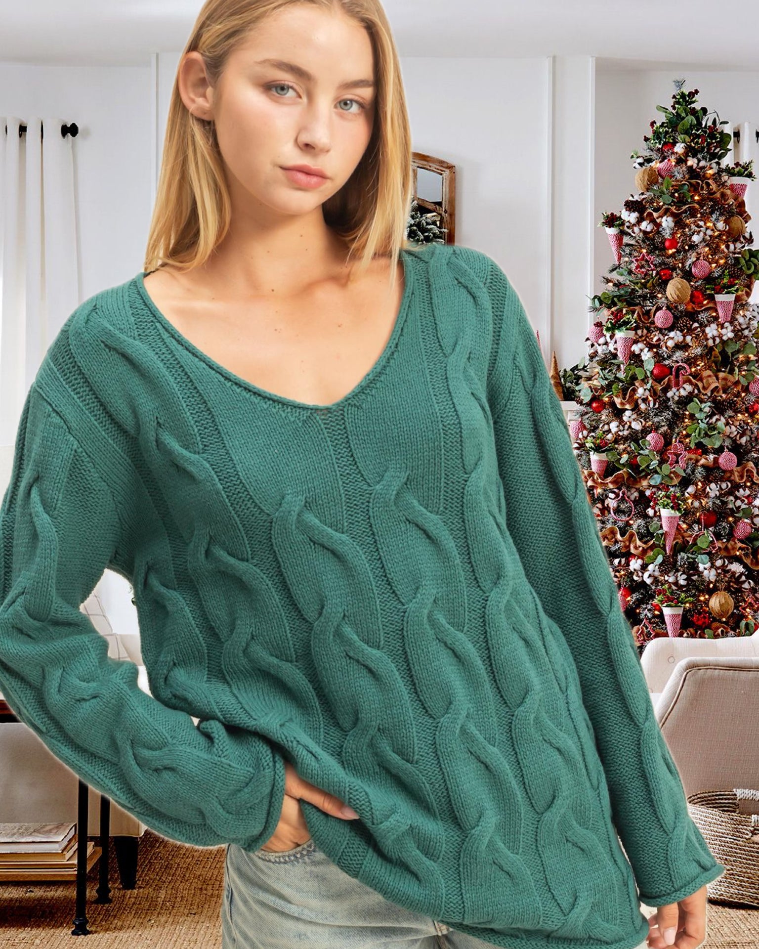 Felicity V-Neck Cable Sweater in Pine Green