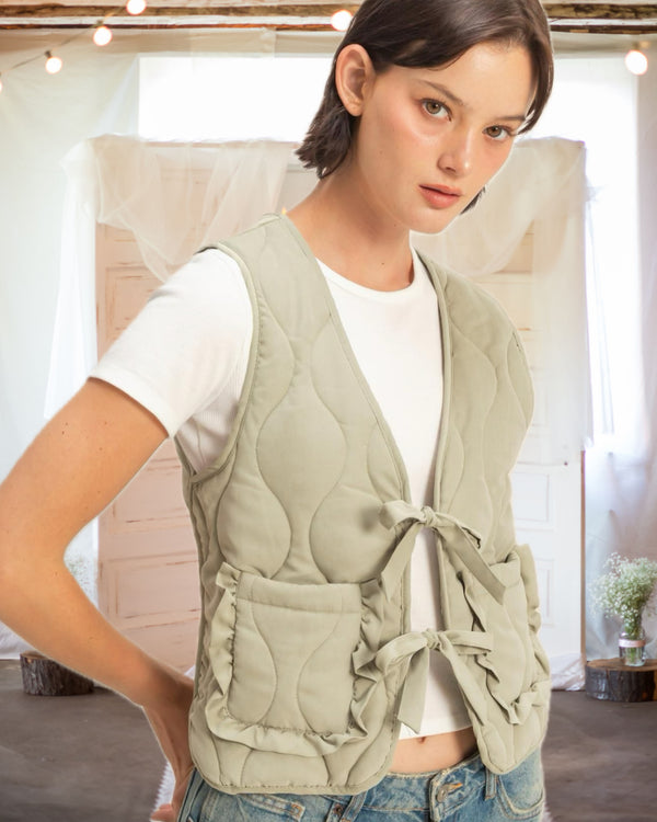 Vivienne Quilted Vest with Bow Tie Front in Sage Green