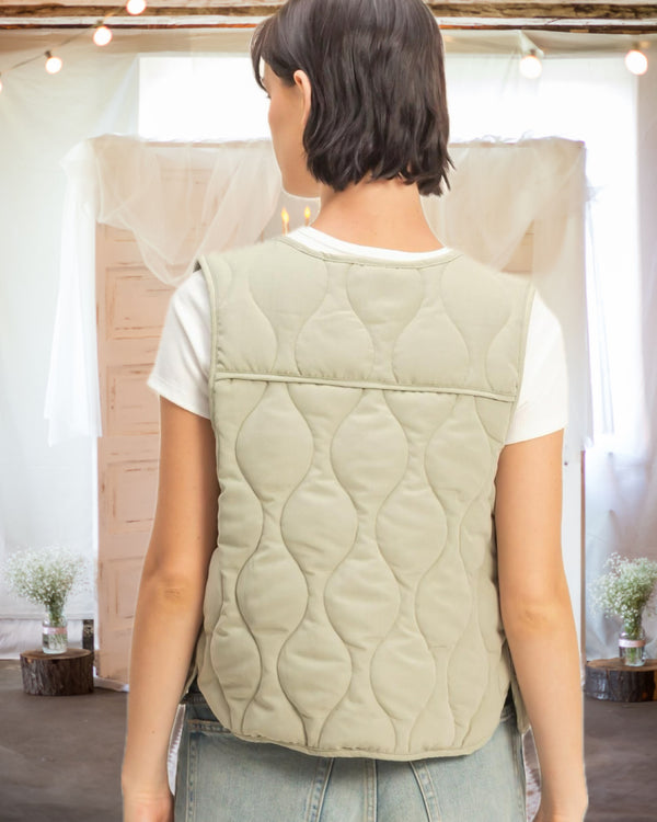 Vivienne Quilted Vest with Bow Tie Front in Sage Green