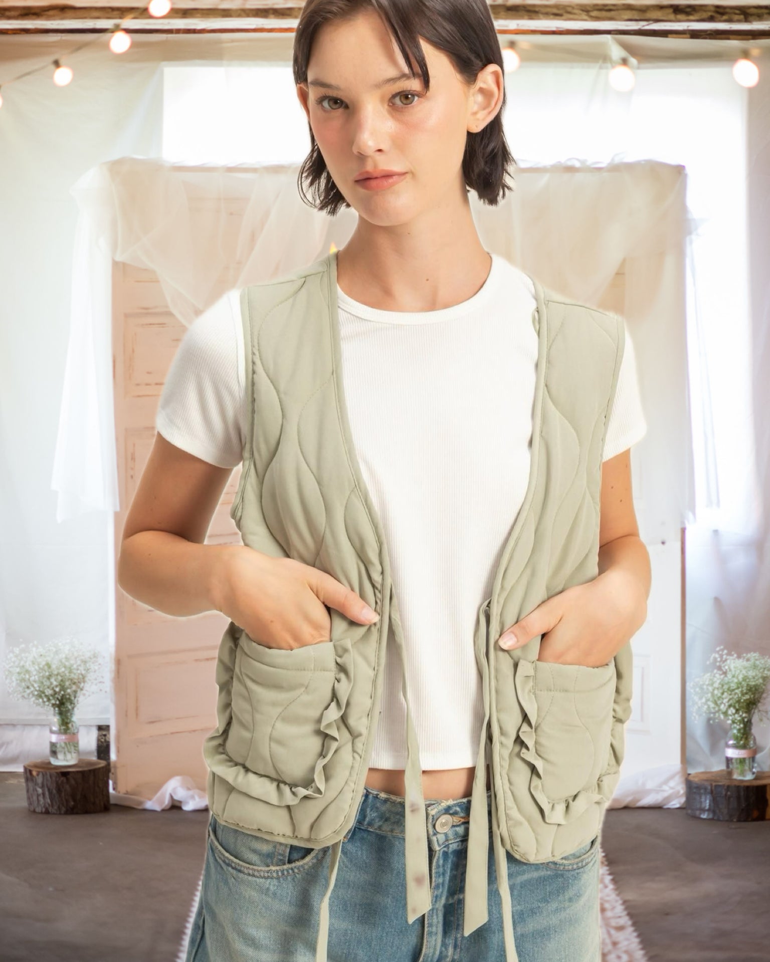 Vivienne Quilted Vest with Bow Tie Front in Sage Green