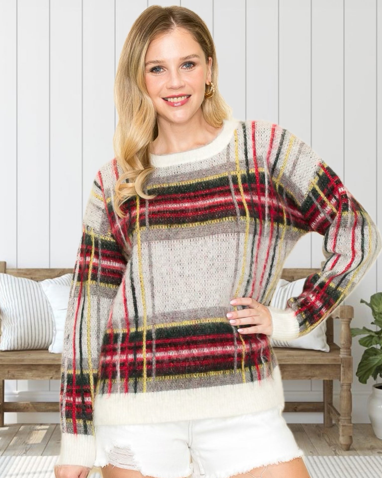 Lauren Festive Plaid Pullover Sweater in Ivory - Curvy
