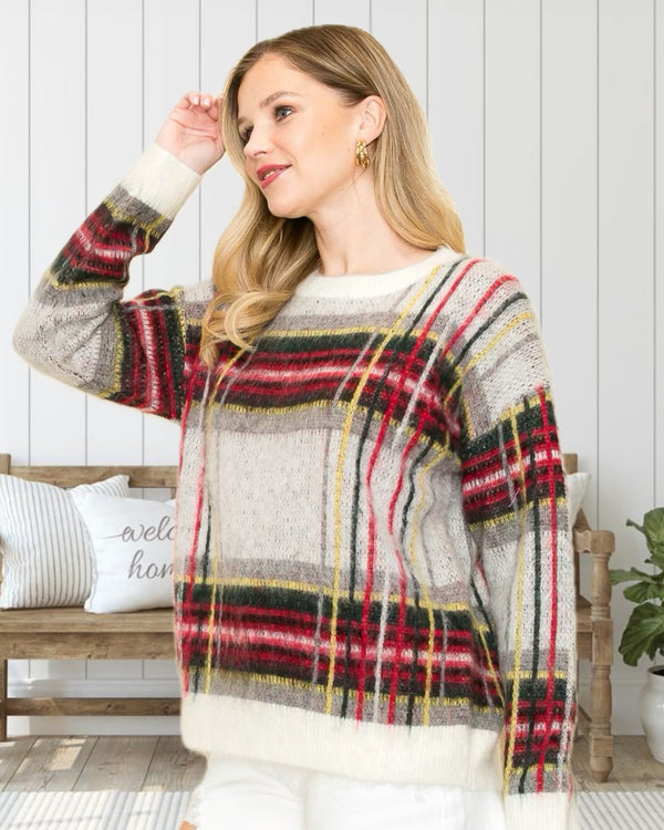 Lauren Festive Plaid Pullover Sweater in Ivory - Curvy