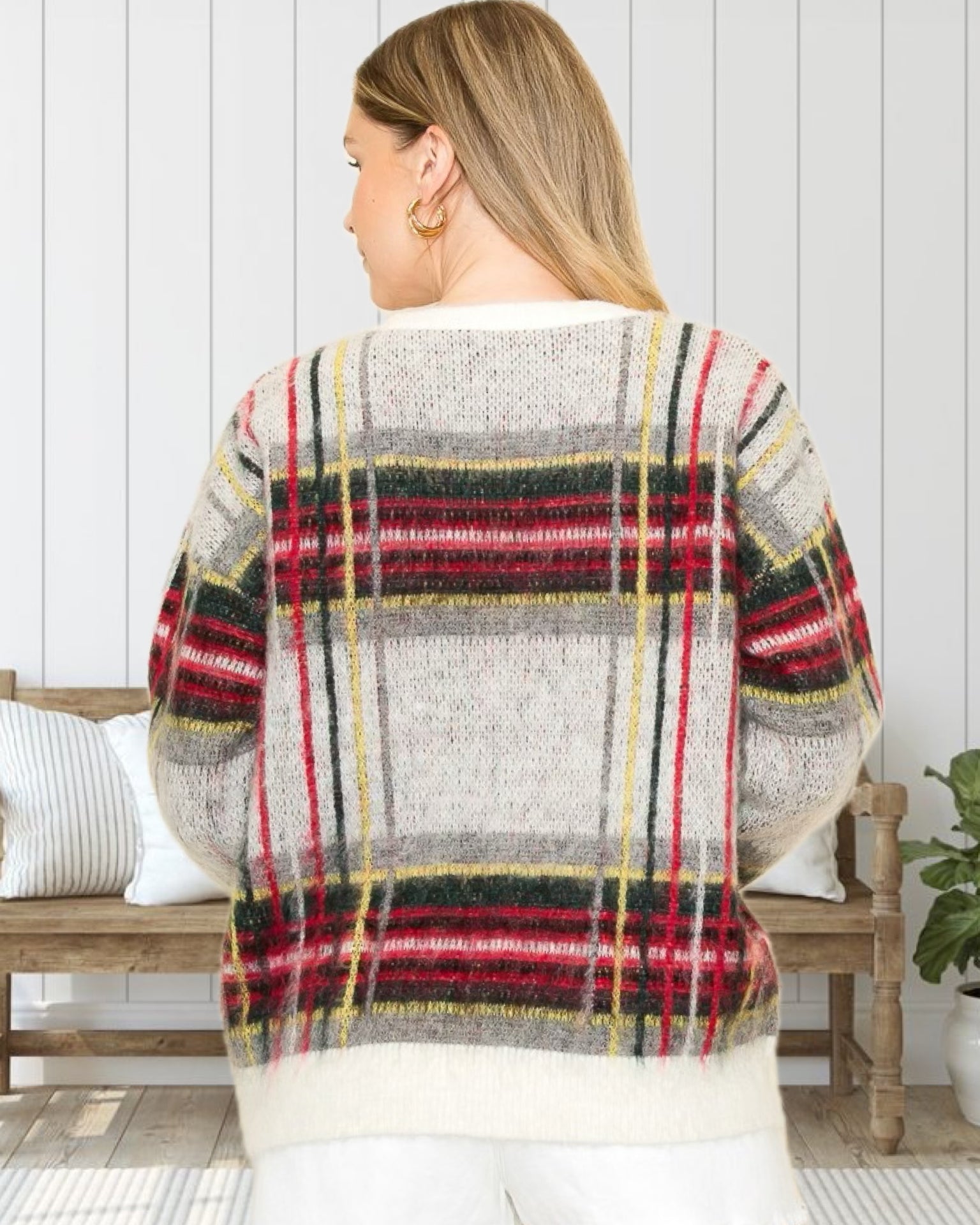 Lauren Festive Plaid Pullover Sweater in Ivory - Curvy