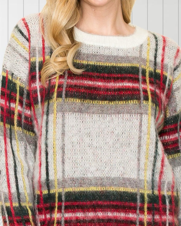 Lauren Festive Plaid Pullover Sweater in Ivory - Curvy