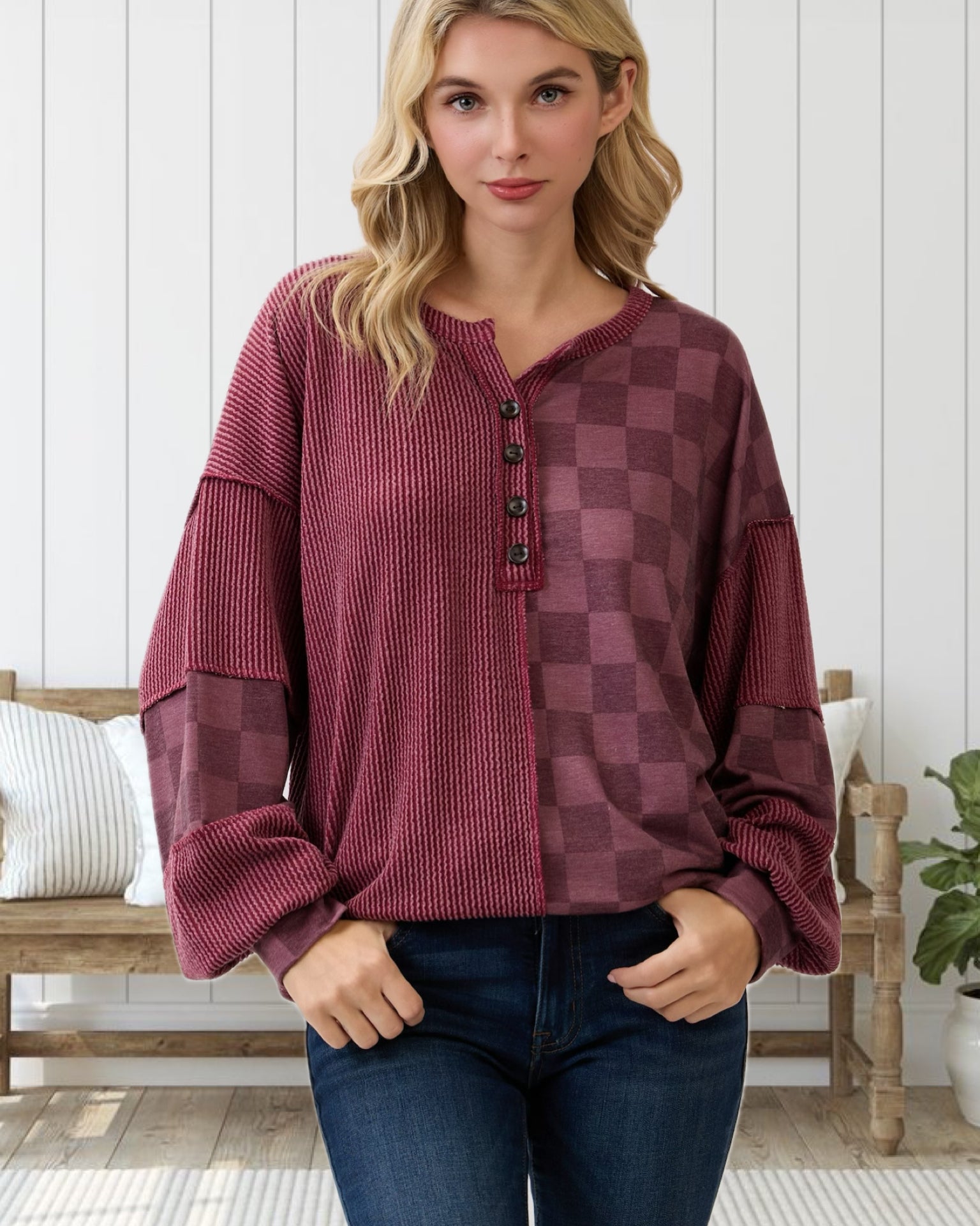 Check it Out! Henley Top in Burgundy