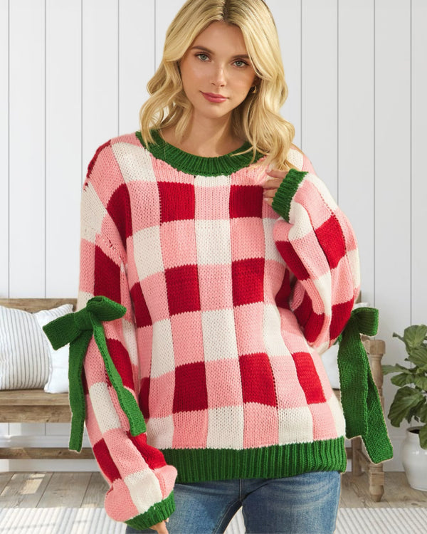 All is Bright Holiday Gingham and Bow Trim Sweater