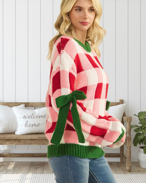 All is Bright Holiday Gingham and Bow Trim Sweater