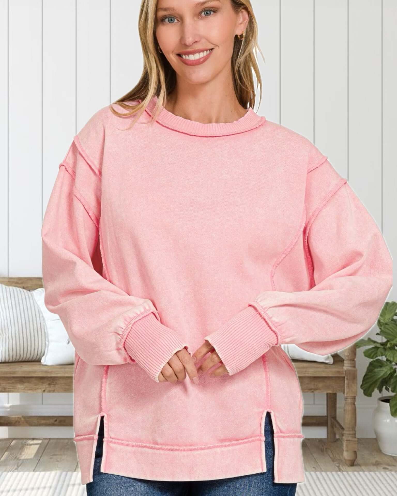 Time For Dreaming Acid Wash Fleece Sweatshirt in Pink