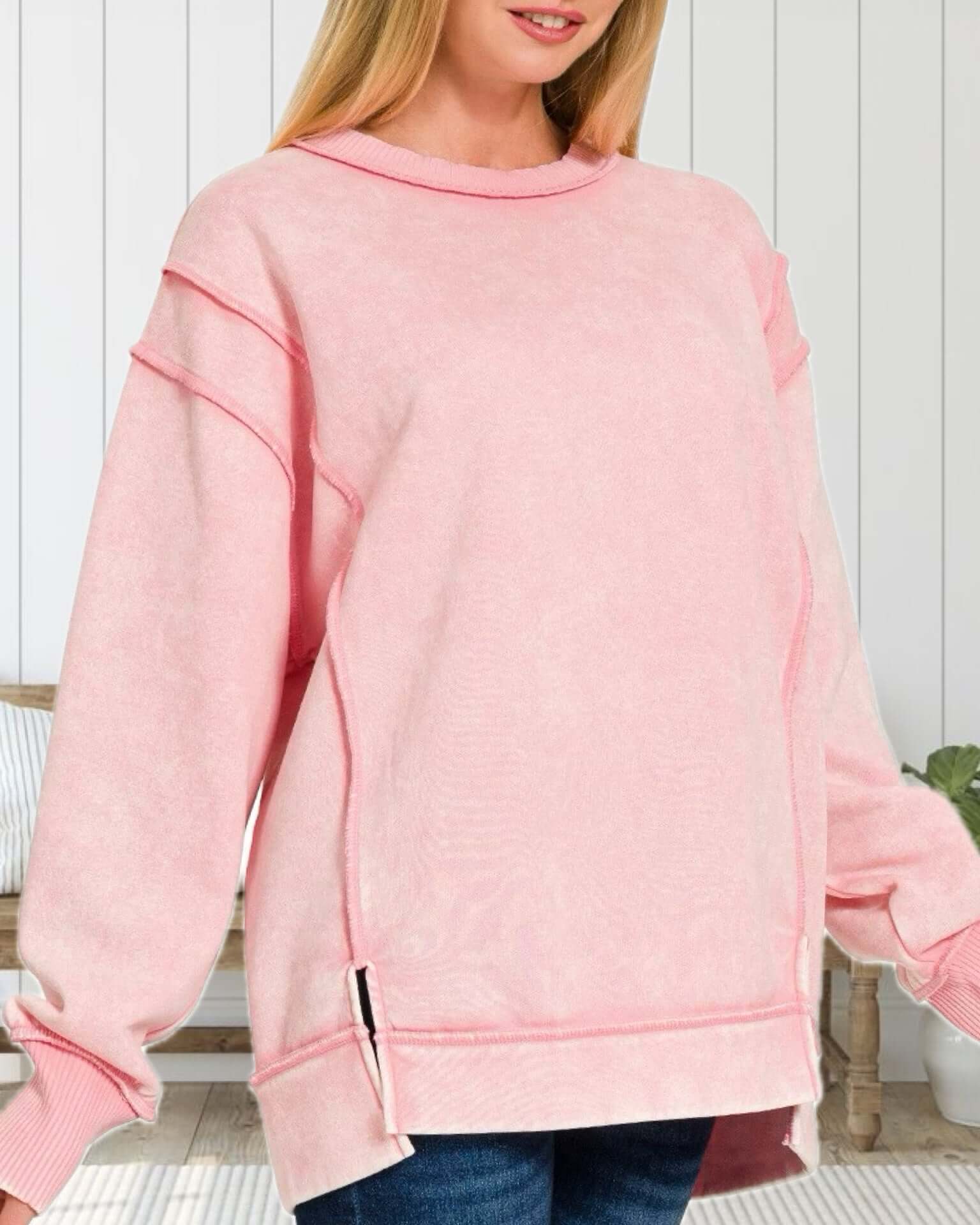 Time For Dreaming Acid Wash Fleece Sweatshirt in Pink