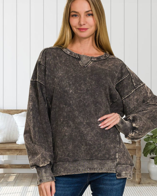 Let's Escape Somewhere French Terry Acid Wash Sweatshirt in Ash Black