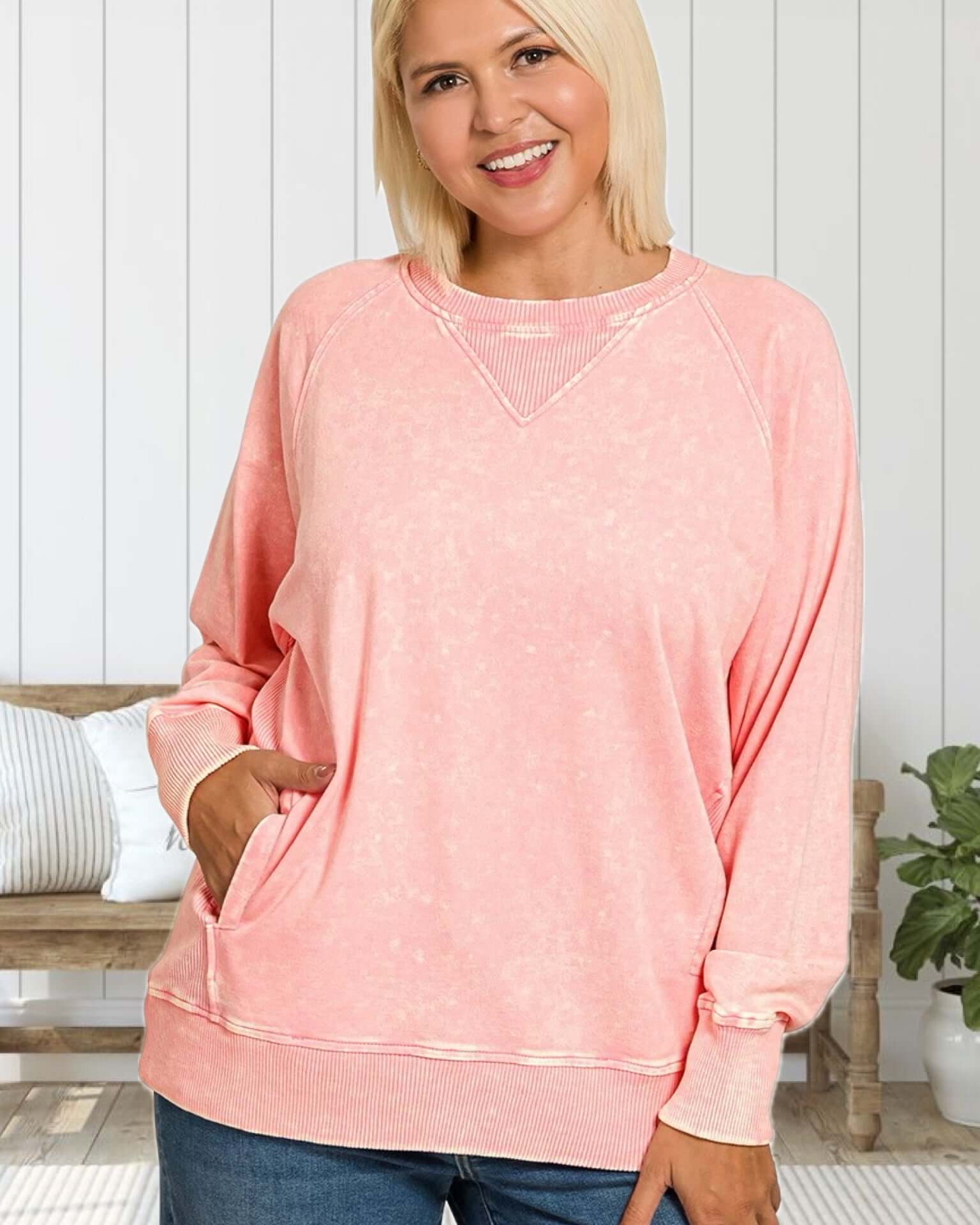 Let's Staycation Acid Washed French Terry Pullover in Pink - Curvy