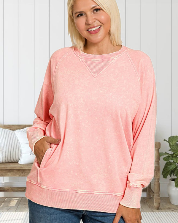 Let's Staycation Acid Washed French Terry Pullover in Pink - Curvy