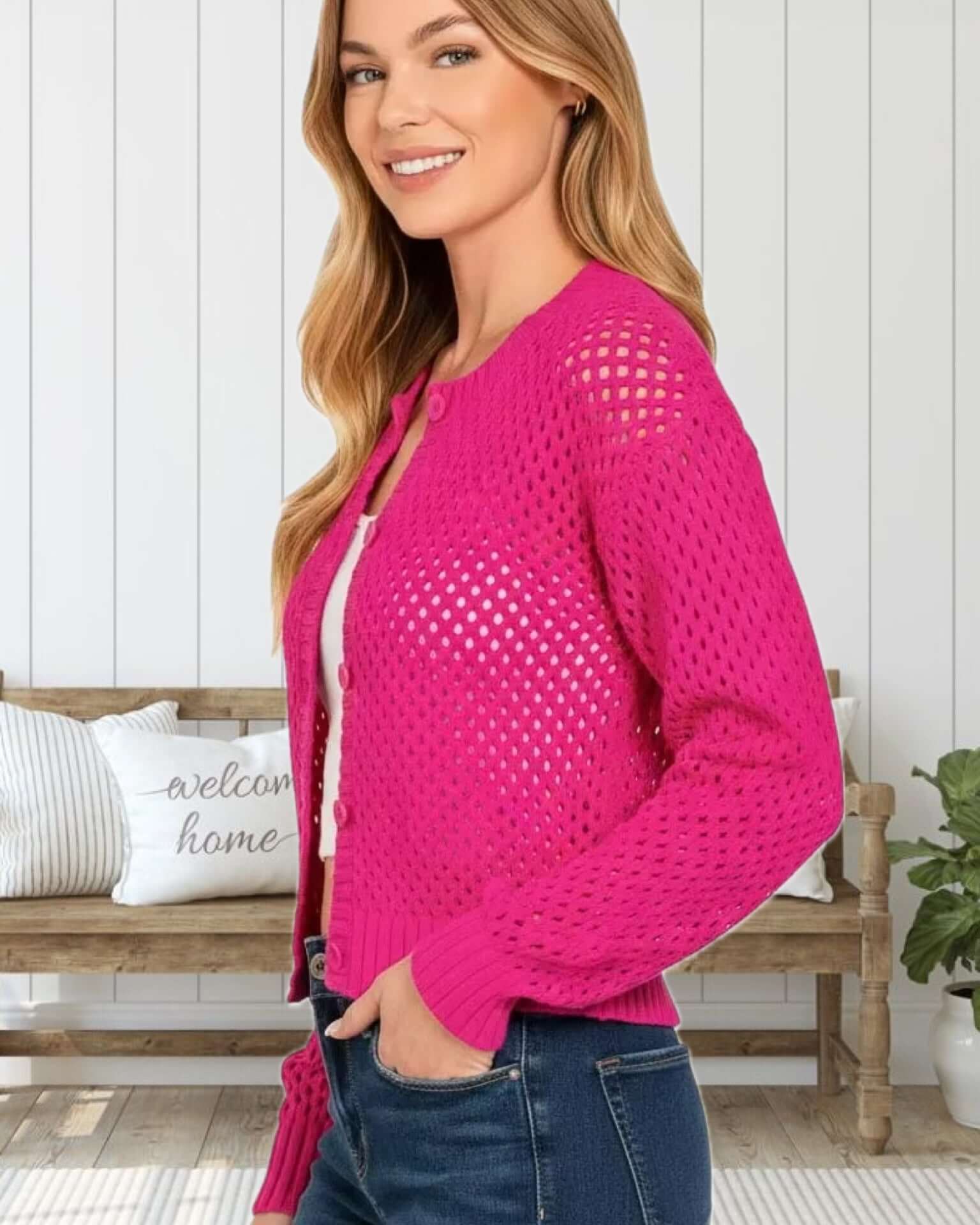 Ella Lightweight Crochet Cardigan Sweater in Hot Pink