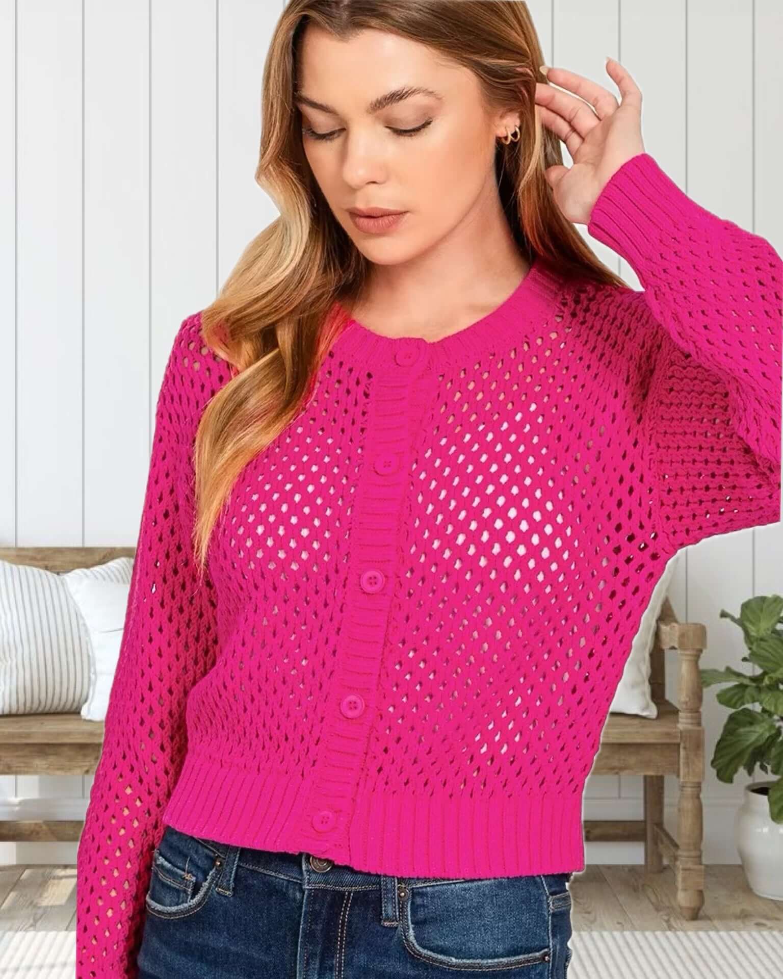 Ella Lightweight Crochet Cardigan Sweater in Hot Pink