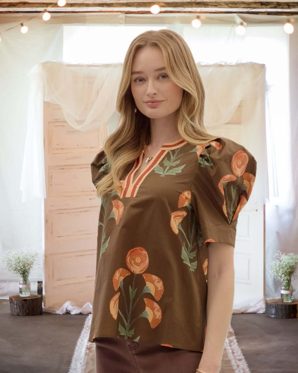 Callie Floral Puff Sleeve Blouse in Brown