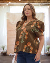 Callie Floral Puff Sleeve Blouse in Brown - Curvy