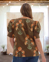 Callie Floral Puff Sleeve Blouse in Brown - Curvy
