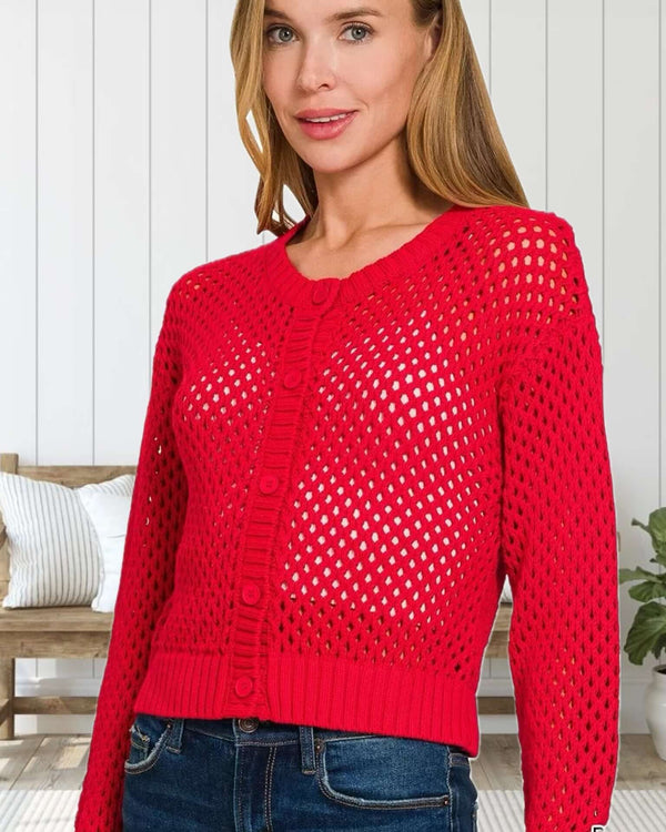 Ella Lightweight Crochet Cardigan Sweater in Red