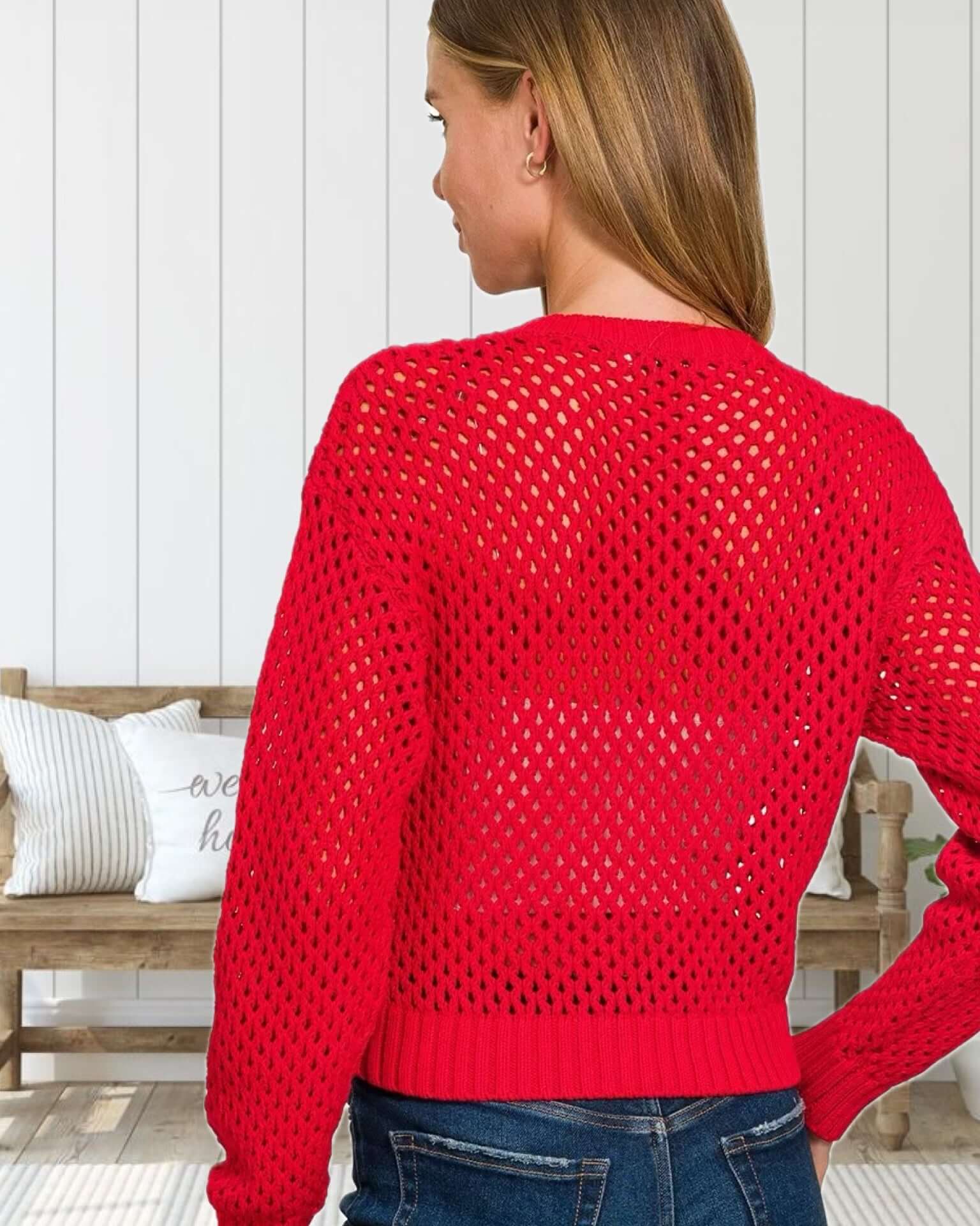 Ella Lightweight Crochet Cardigan Sweater in Red