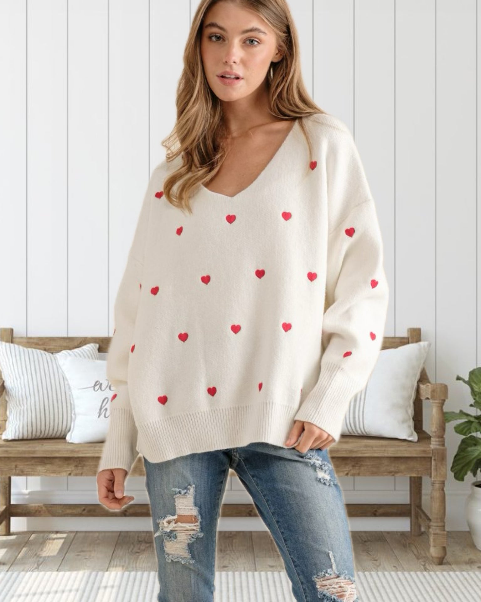 Heart to Heart Embroidered Sweater in White