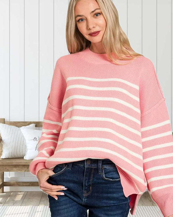 A Perfect Love Exposed Seam Striped Sweater in Pink