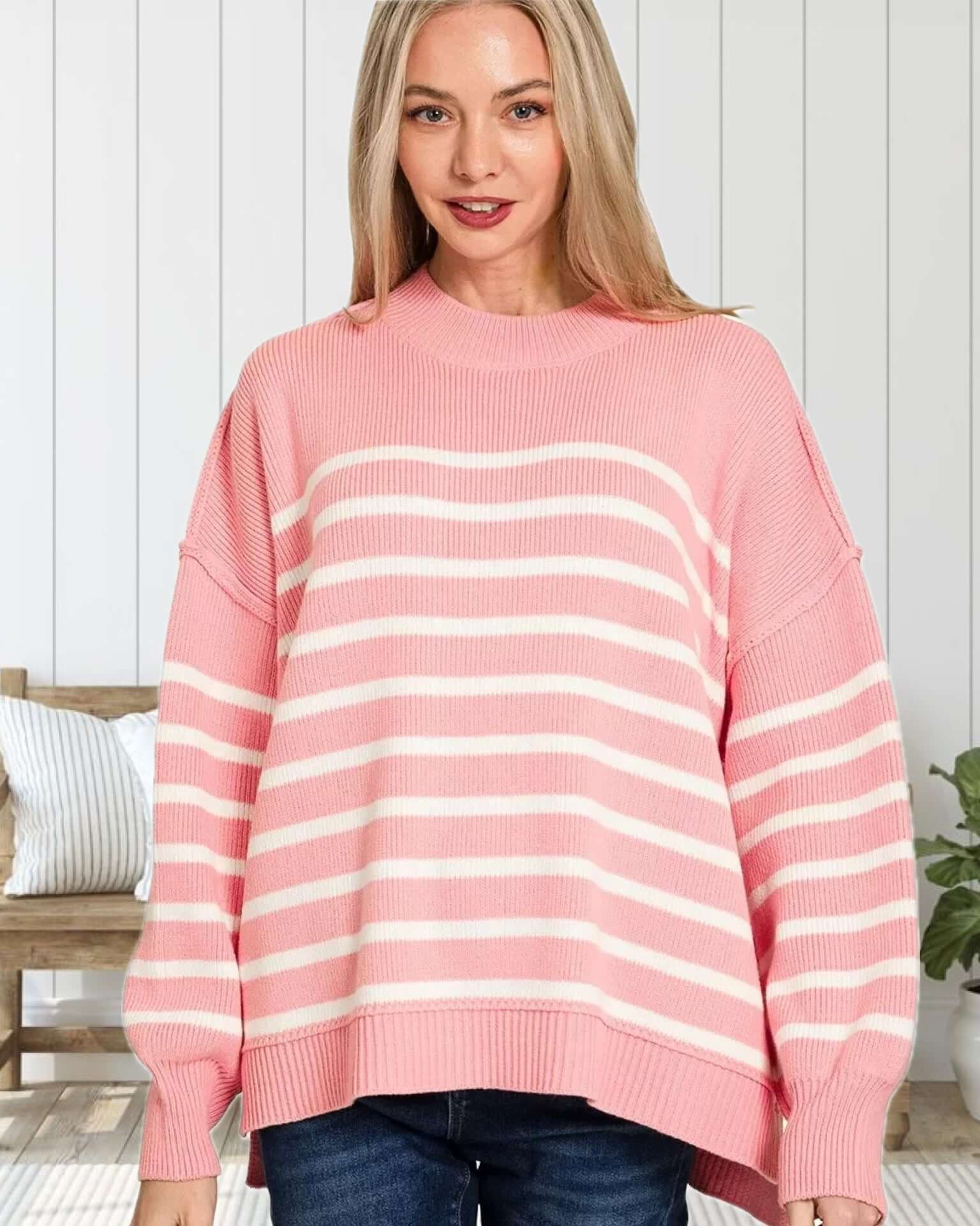 A Perfect Love Exposed Seam Striped Sweater in Pink
