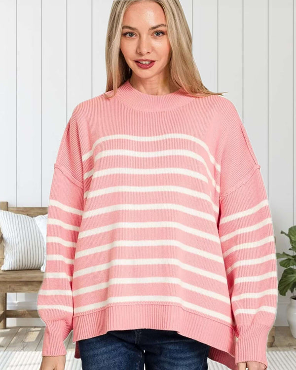 A Perfect Love Exposed Seam Striped Sweater in Pink