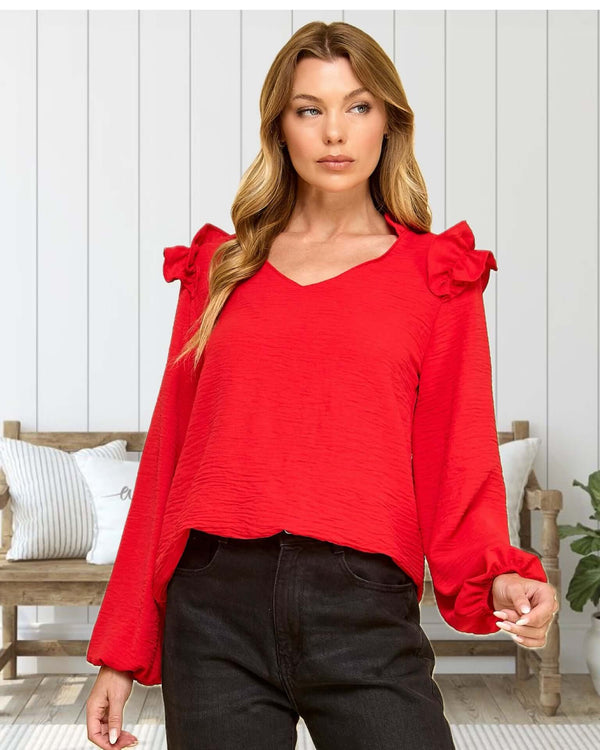 Layla Textured V-Neck Ruffle Blouse in Red