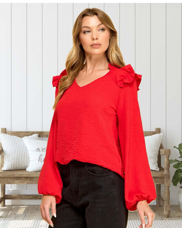 Layla Textured V-Neck Ruffle Blouse in Red