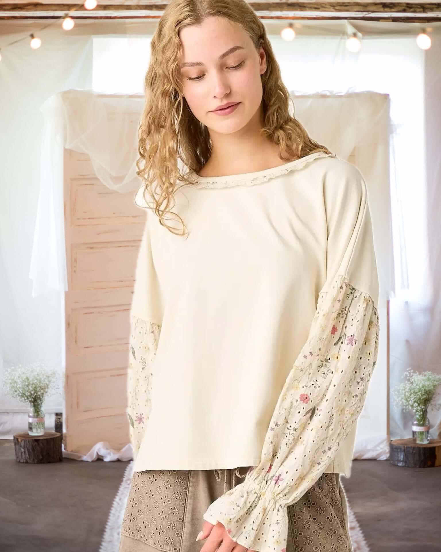Boho Beauty Floral Eyelet Sleeve French Terry Top in Cream