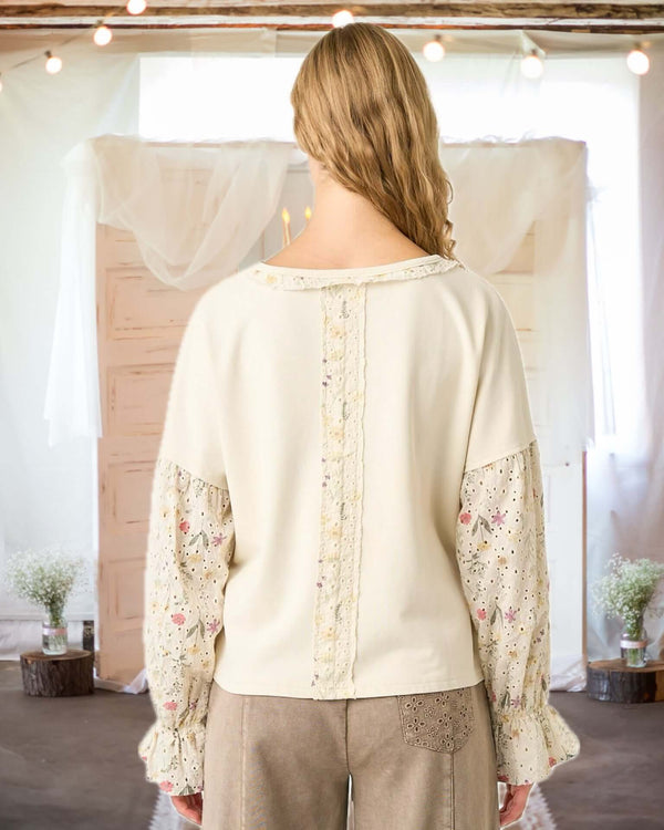 Boho Beauty Floral Eyelet Sleeve French Terry Top in Cream