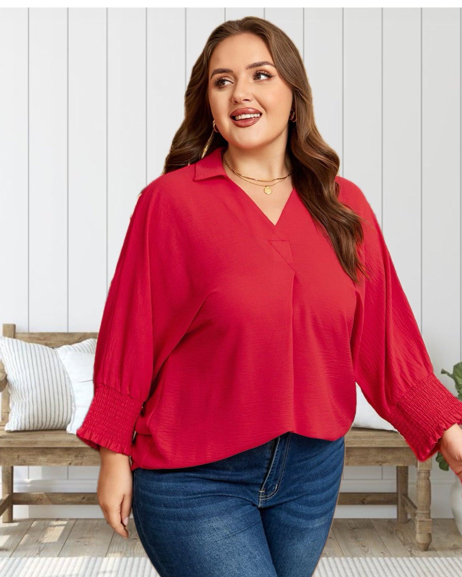 Tender Love Textured 3/4 Sleeve Blouse in Red - Curvy