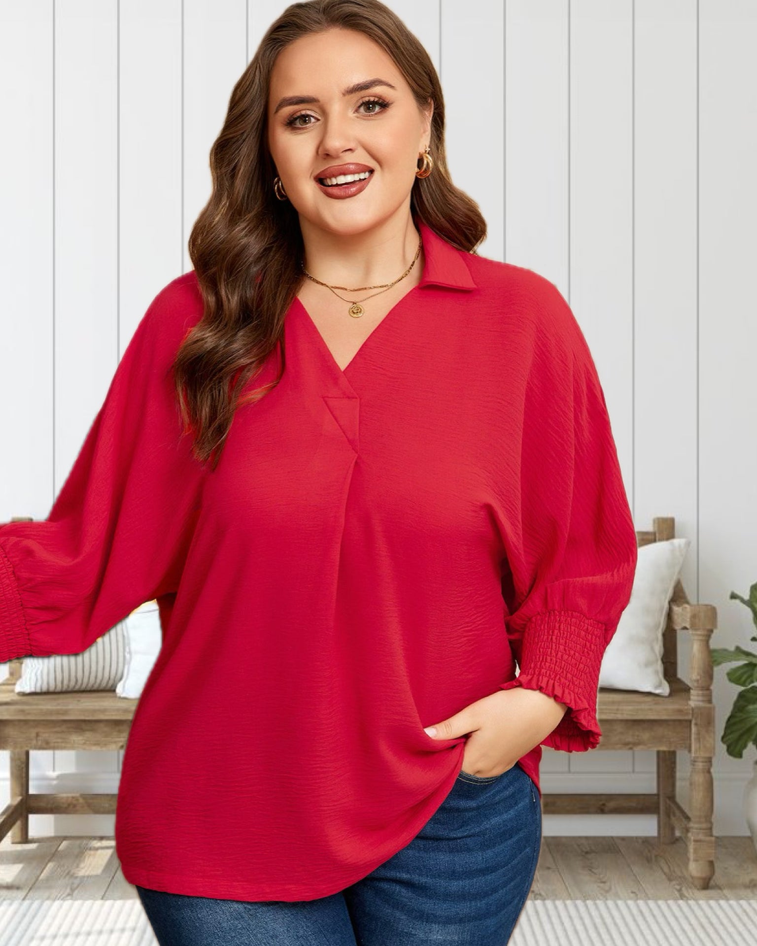 Tender Love Textured 3/4 Sleeve Blouse in Red - Curvy