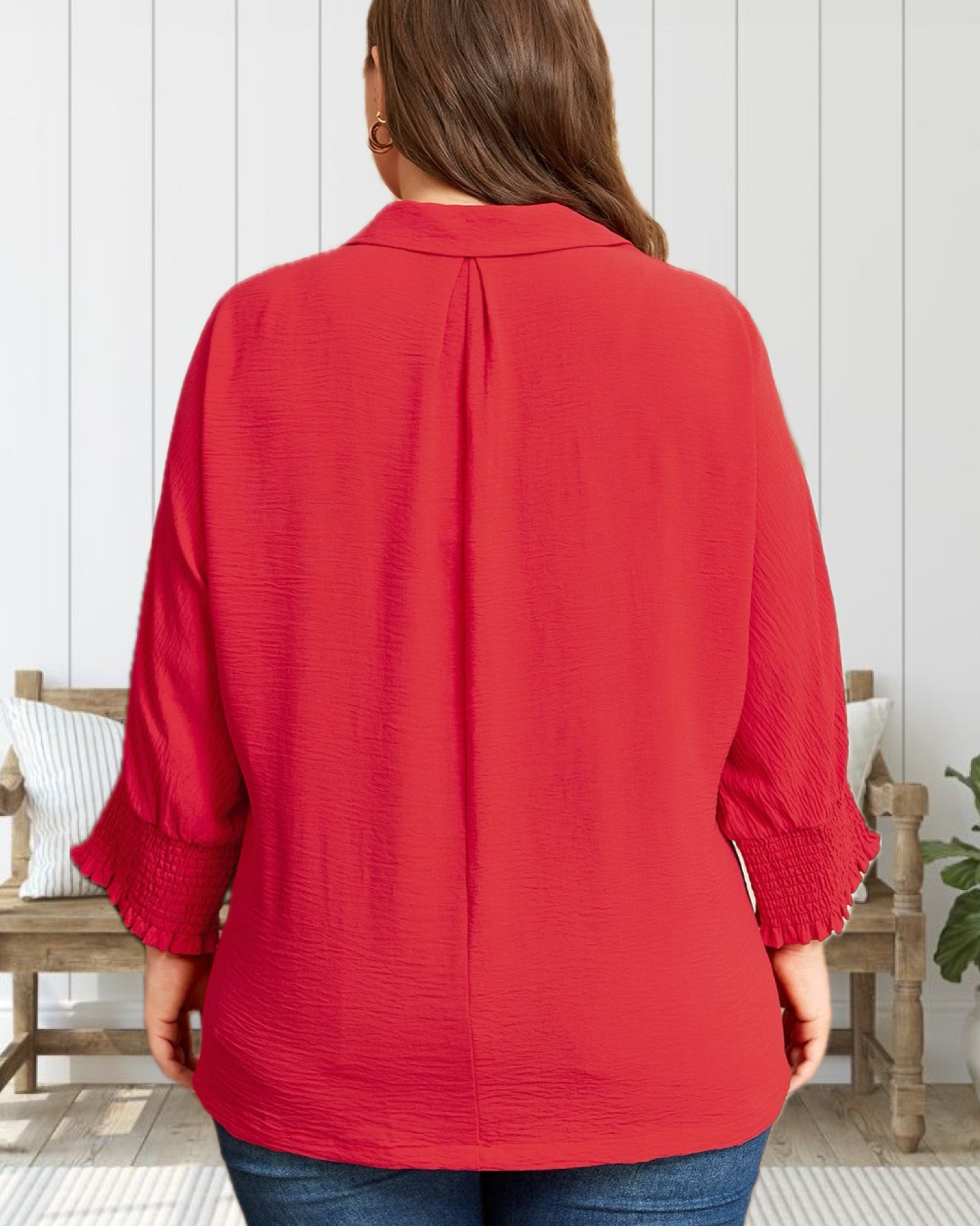 Tender Love Textured 3/4 Sleeve Blouse in Red - Curvy