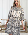 Avery Embroidery Print Textured Dress in Cream and Black