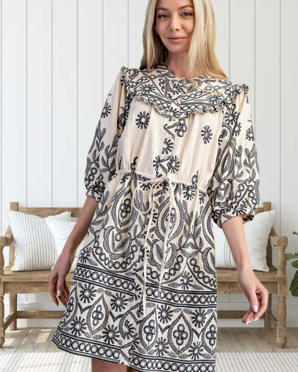 Avery Embroidery Print Textured Dress in Cream and Black