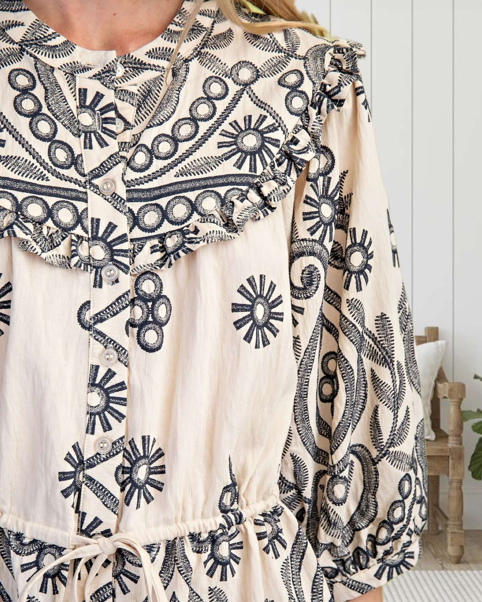 Avery Embroidery Print Textured Dress in Cream and Black