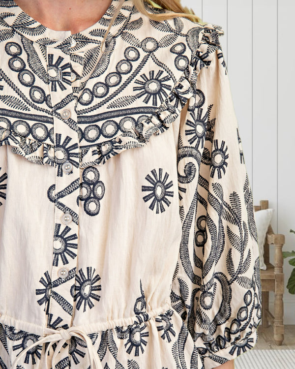 Avery Embroidery Print Textured Dress in Cream and Black