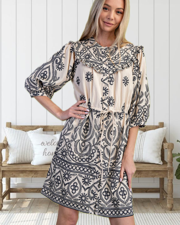 Avery Embroidery Print Textured Dress in Cream and Black