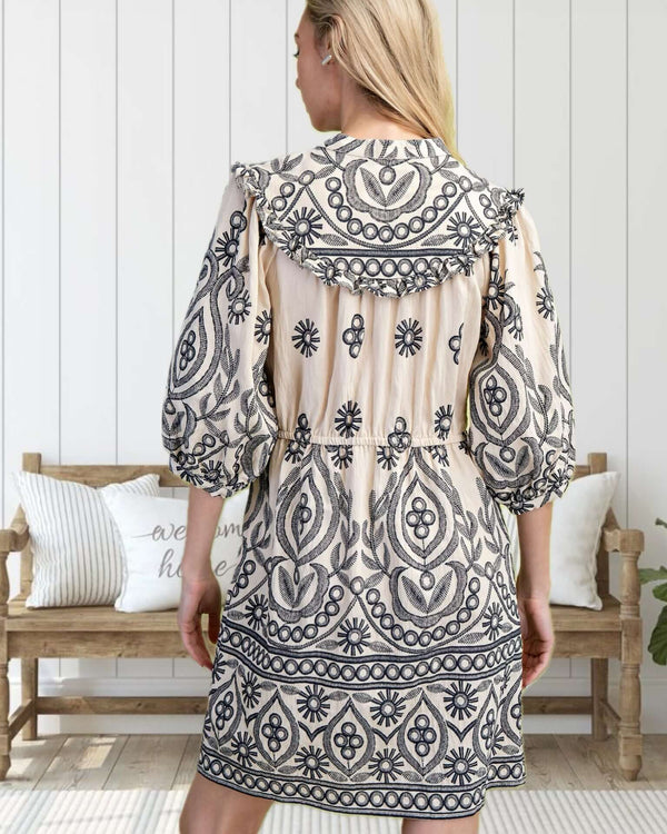Avery Embroidery Print Textured Dress in Cream and Black