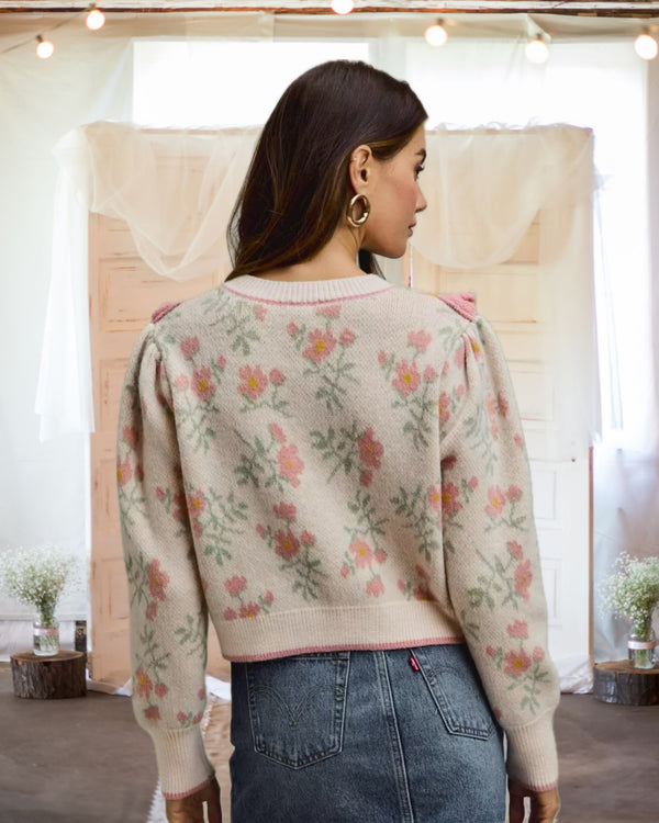 Sweet Soul Floral and Ruffle Detail Cardigan in Beige and Pink