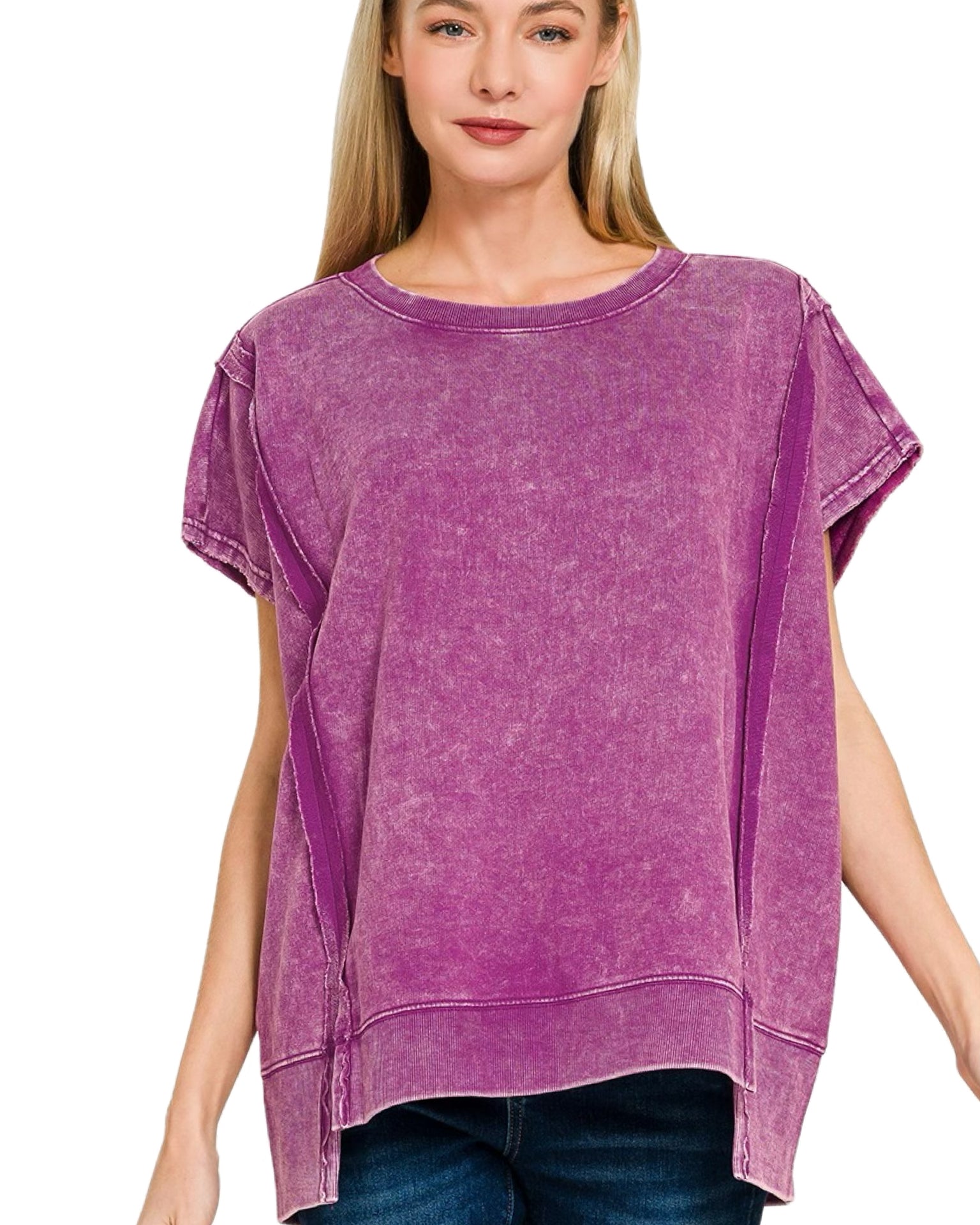 Calm, Cool, and Collected Acid Washed French Terry Pullover in Plum