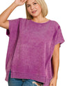 Calm, Cool, and Collected Acid Washed French Terry Pullover in Plum - Curvy