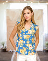 Beatrice Floral Print Top in Denim Blue