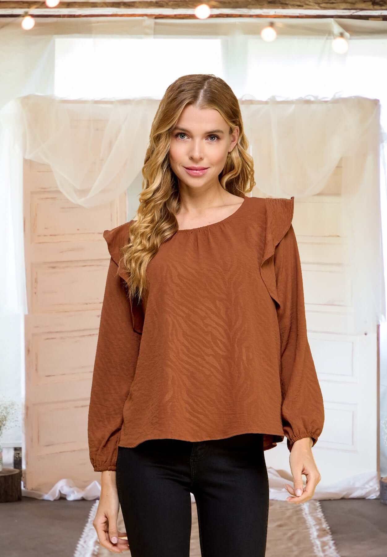 On the Move Embossed Print Top in Chocolate