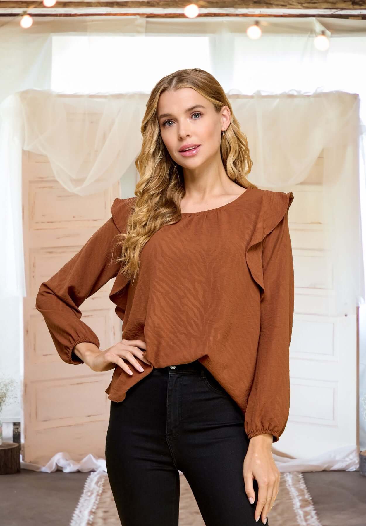 On the Move Embossed Print Top in Chocolate