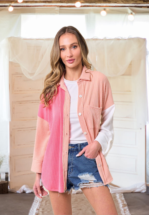 Can't Get Enough Ribbed Color Block Shacket in Coral/Peach/Ivory