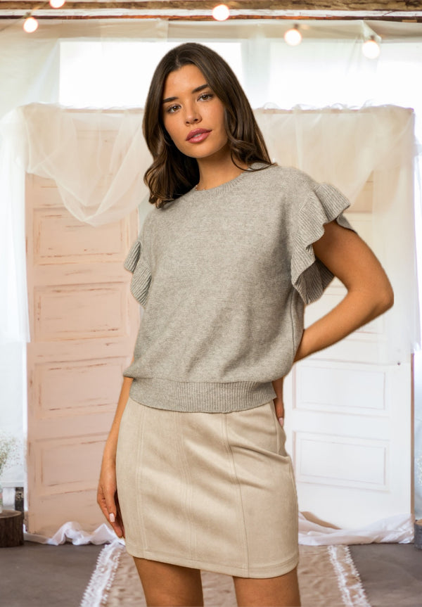 Patrice Ruffle Sleeve Knit Top in Beige or Grey